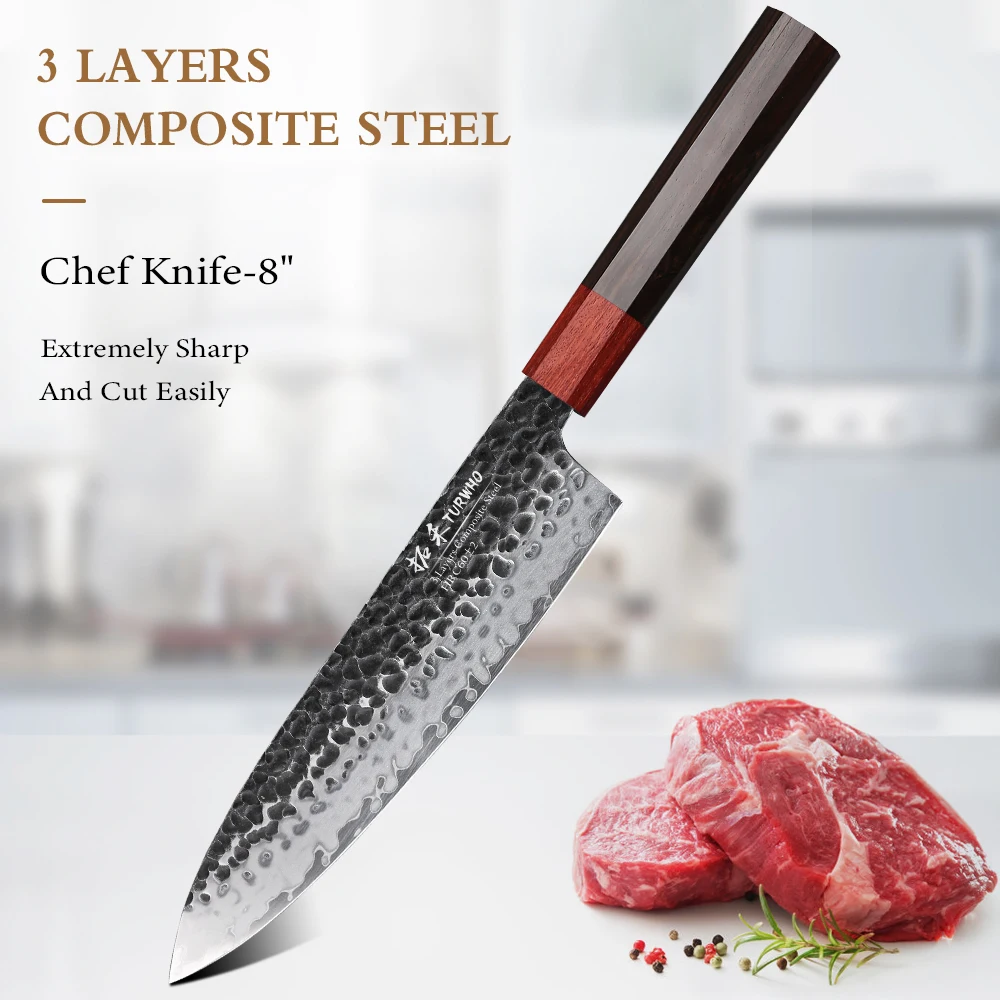 

TURWHO 8 Inch Japanese Chef Knife Hand Forged High Carbon Slice Knife Shape 3 Layer Composite Steel Professional Kitchen Knives