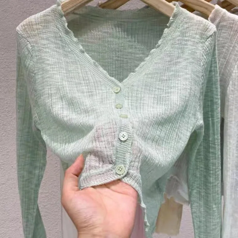 

Women Summer Sun Protective Cardigan Thin Long Sleeve Beige Short Knit Cover Up Air Conditioning Shirt Korean Style