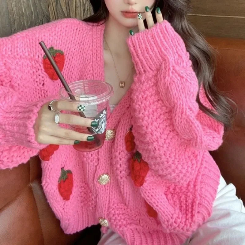 Chic Strawberry Knitted Sweater Soft Cardigan Winter Women's Coat New Thick Coat Casual Loose Single breasted Long Sleeve Tops