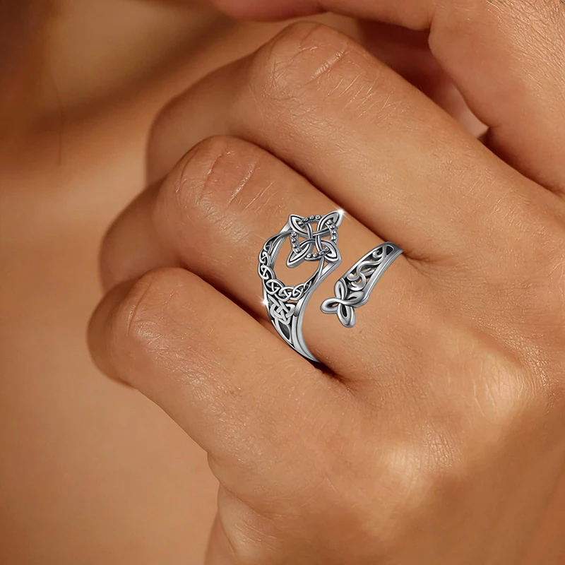 Huitan Vintage Celtic Knot Open Adjustable Ring for Women Antique Silver Color Hollow Twisted Moon Daily Party Ethnic Jewelry