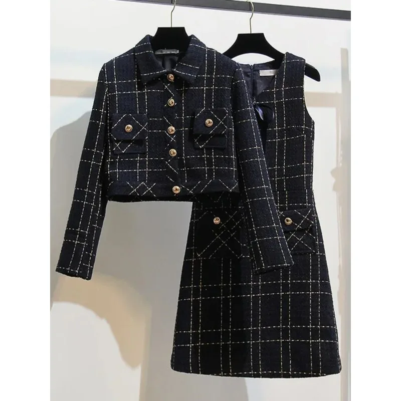 Tweed Long Sleeve Single Breasted Jacket Coat Elegant Fashion Casual Sleeveless Dresses Vintage Sweet Street Fashion New N599