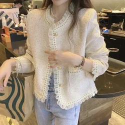 Elegant O-neck Female Single-breasted Coats Long Sleeve Loose Women Pockets Tweed Jacket Autumn Mesh Patchwork Ladies Outwear