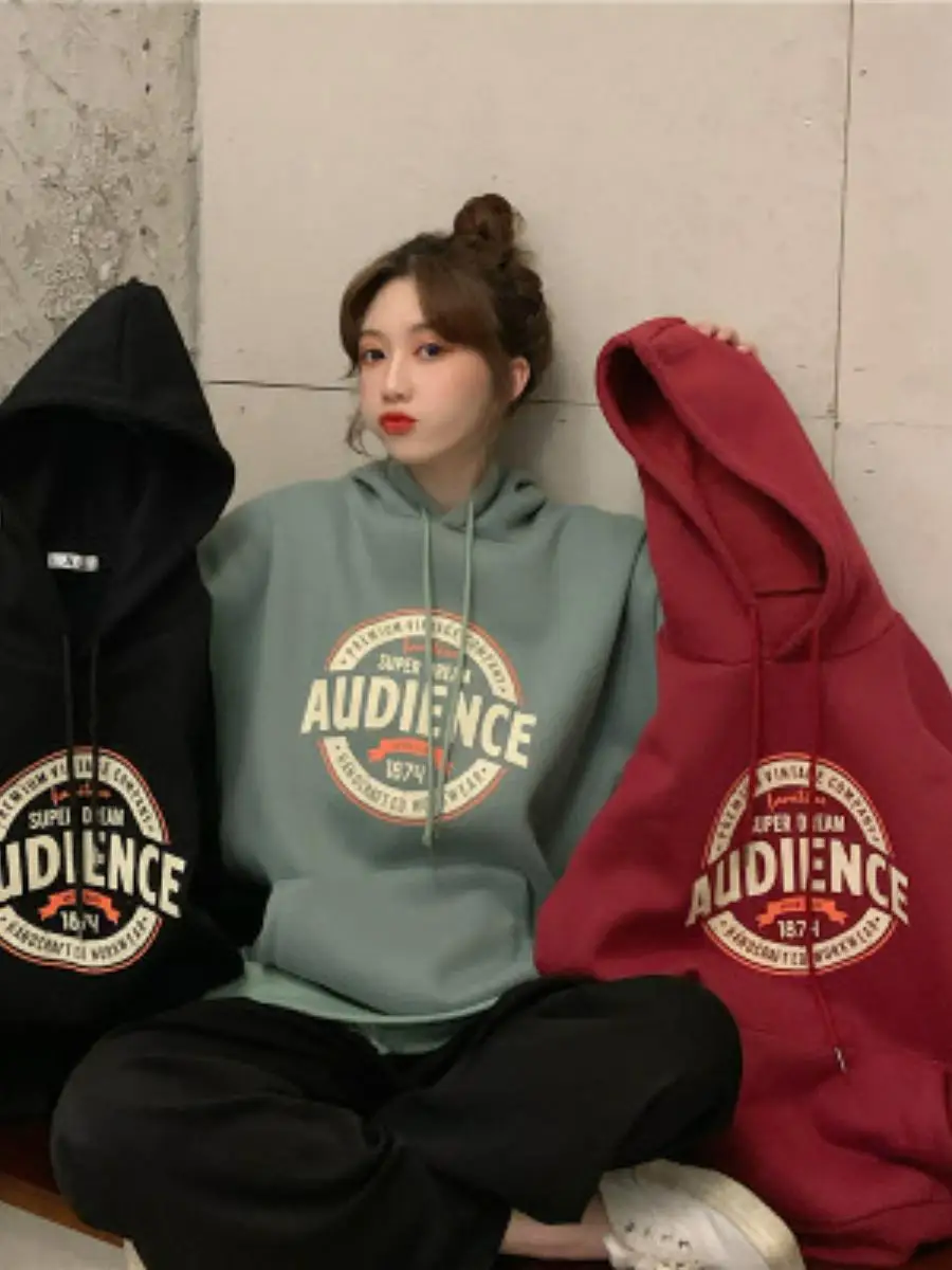 

Женская утепленная флисом толстовка оверсайз с длинными рукавами, осенне-зимняя, новая, в корейском стиле, универсальная, для студентов, верхняя одежда, куртка