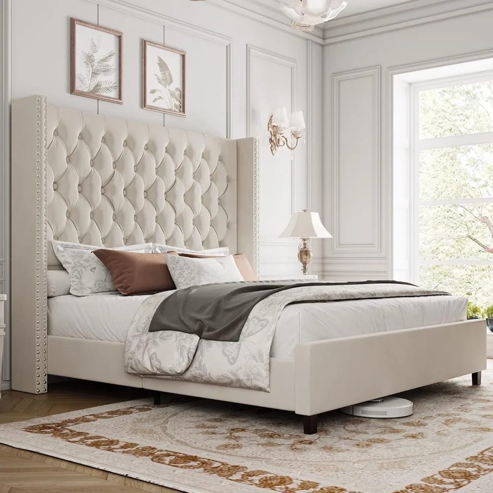 

Queen Bed Frame 61.4" Tall Headboard Upholstered Velvet Platform Beds with Handmade Deep Button Tufted, Bed Frame