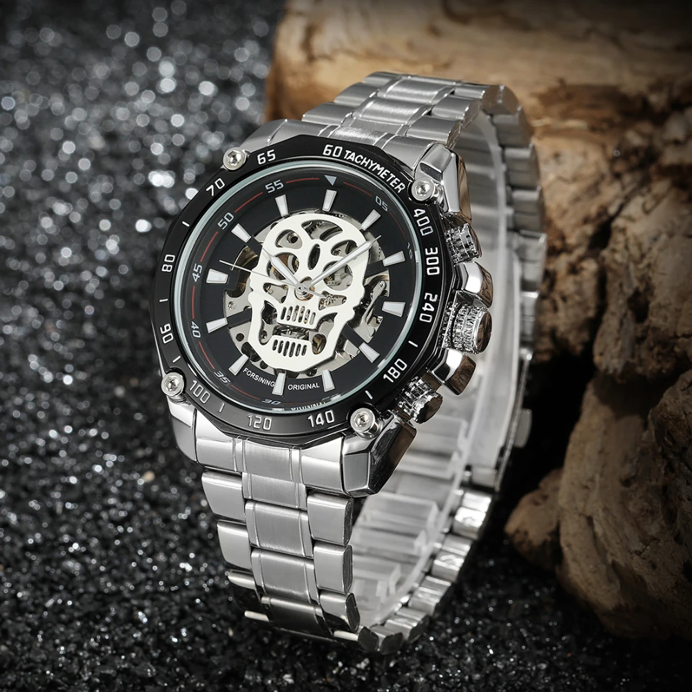 Automatic Self-Wind Men's Fashion Skeleton Mechanical Skull Watches Silver Tone Stainless Steel Band Luminous Relógios Best Gift