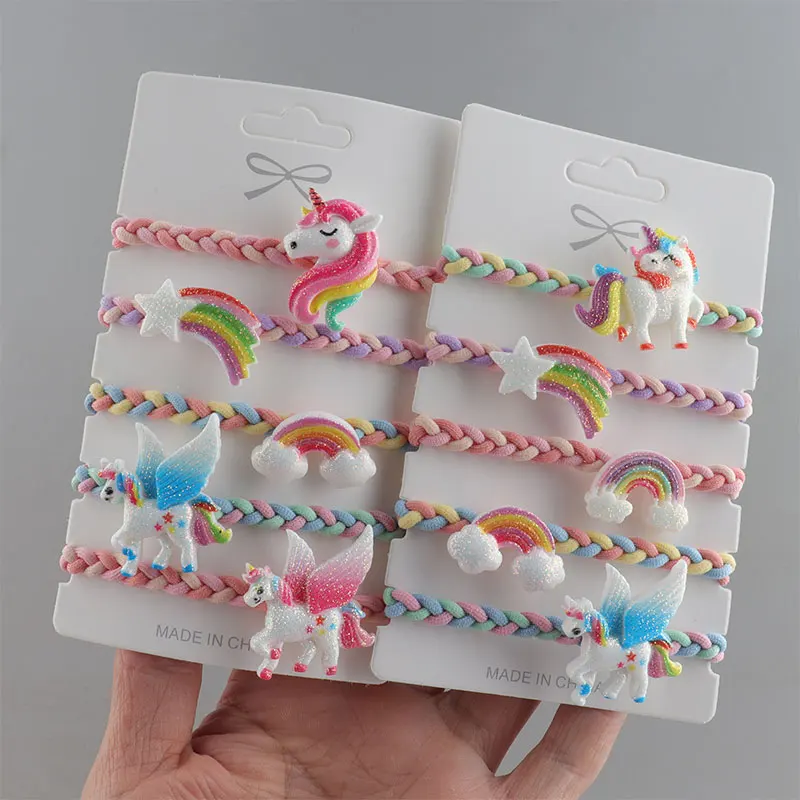 【 5 PCS/Card 】Unicorn Rainbow Hair Loop Headband Set Cartoon Hair Accessories Children\'s Rubber Band Headband Bracelet Dual Use