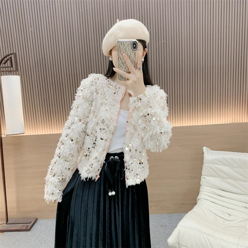 Winter Clothes Women Knitted Cardigan Jacket Coat Autumn New Sparkling and Loving Festival Atmosphere Glitter Design Sense J60