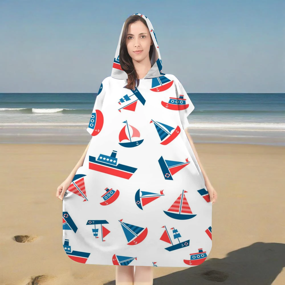 Boat Print Hooded Bathrobe Soft Microfiber Quick Dry Beach Towel Robe for Adults Kids