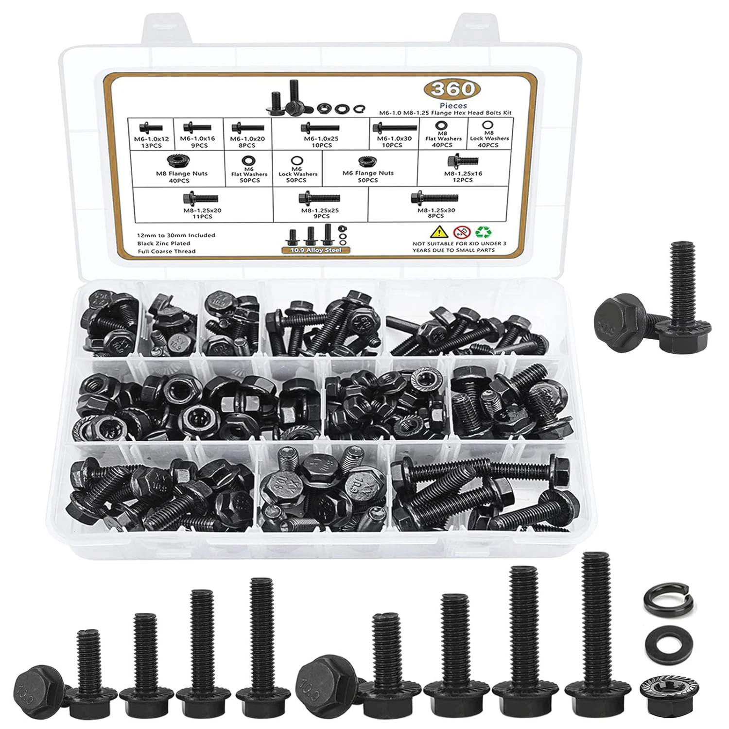 

360-Piece Set of M6-1.0 and M8-1.25 Flanged Hex Head Bolts, Nuts, and Washers, Grade 10.9 Metric Flanged Hex Bolts