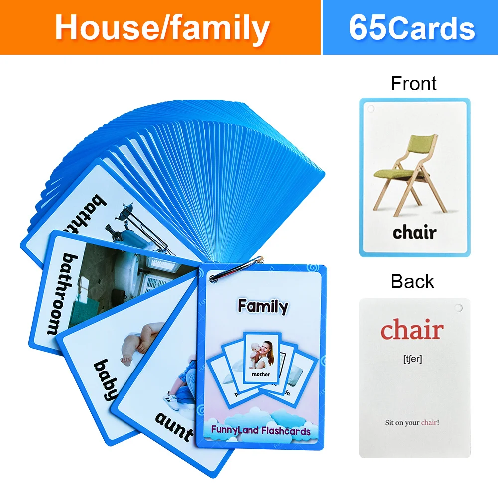 

65 шт. обучающие английские флэш-карты для семьи и дома для детей, членов семьи и повседневных предметов, познавательные карточки-головоломки