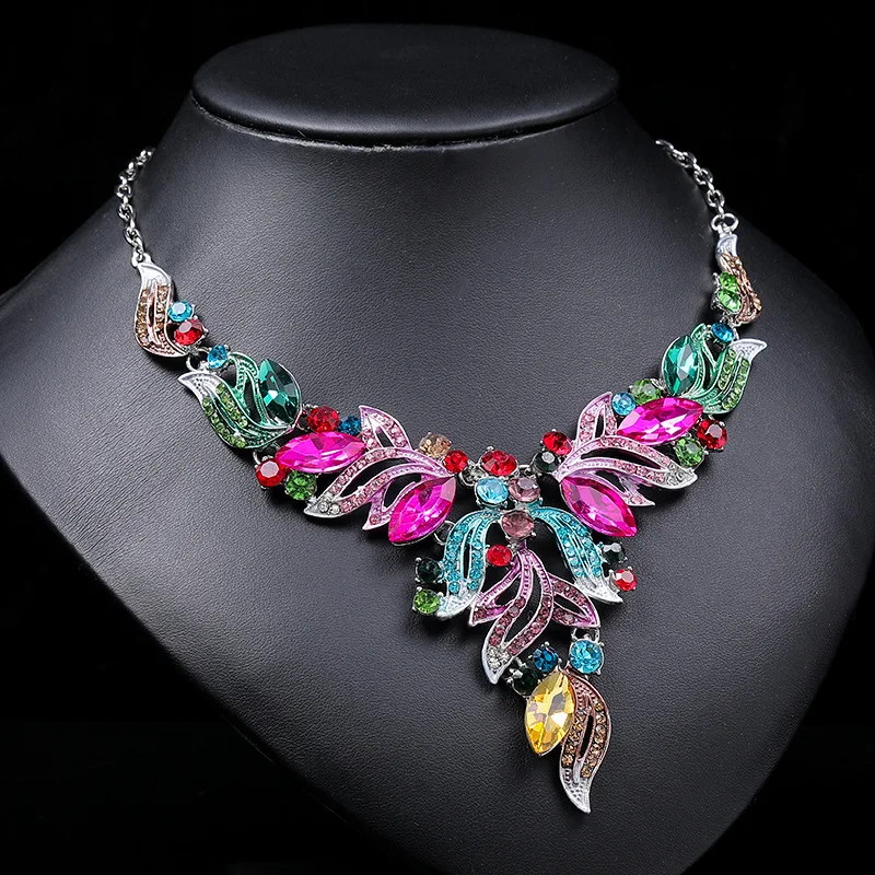 Gorgeous Colorful Crystal Drop Lucky Necklace Earring Sets Wedding Woman\'s Bridal Party Gift