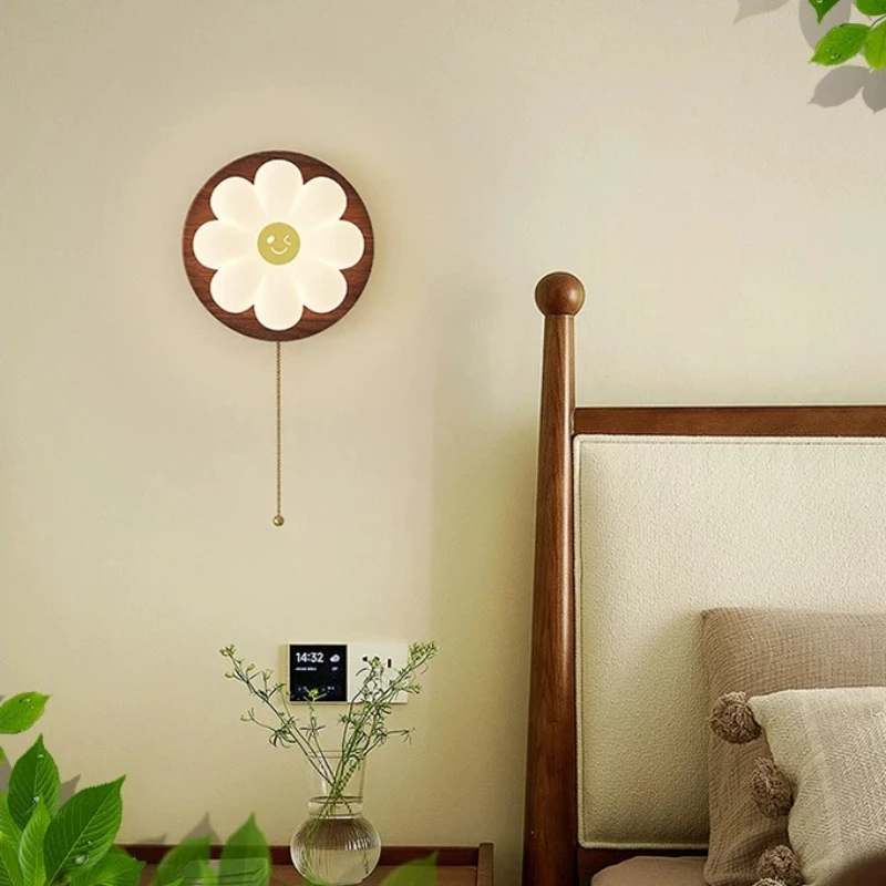 Retro Flower Petal Wall Lamps Bedroom Bedside Wall Lights with switch Walnut Color Metal Acrylic lamp Kids Room LED indoor decor