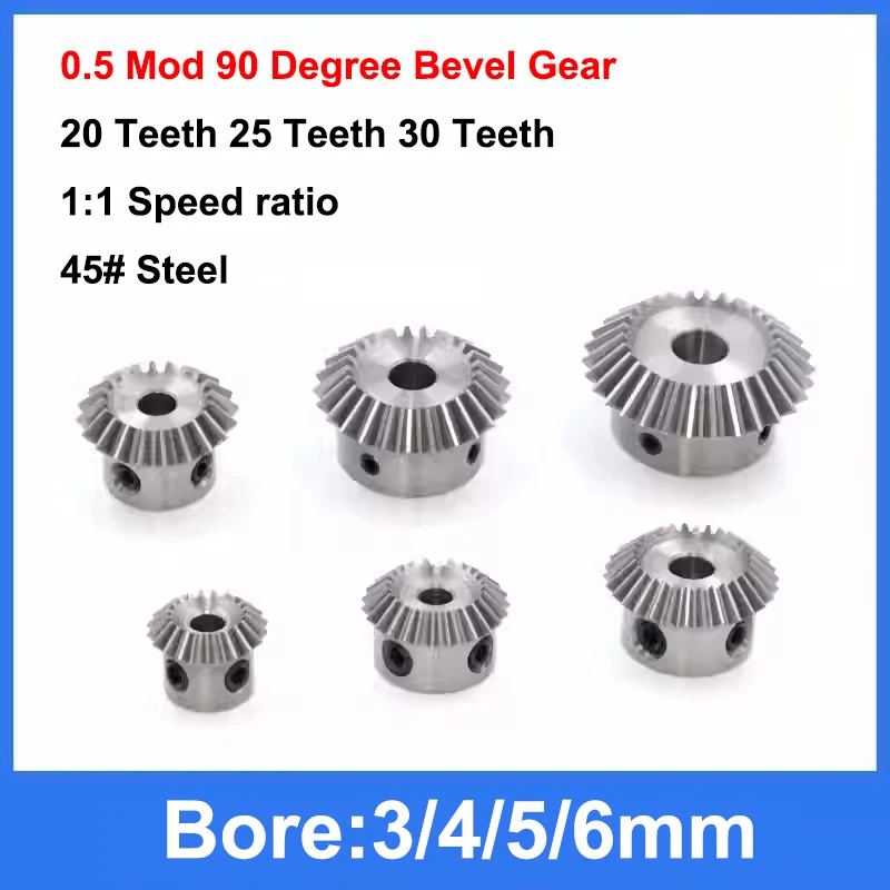 

1pc 1:1 Bevel Gear 0.5 Mod 20/25/30 Teeth Bore 3/4/5/6mm Gear 90 Degrees Meshing Angle Steel Gears 45# Steel