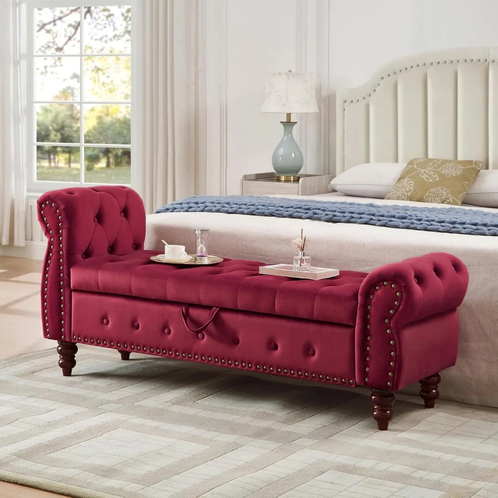 Velvet Storage Bench, End of Bed Storage Bench with Rolled Armrest, Entryway Ottoman with Nailhead Trim and Button Tufting, Stor