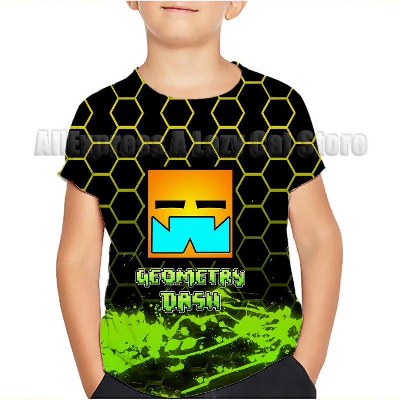 Angry Geometry Dash T-shirt For Boys Clothes Cartoon Summer Thin Round Collar Kids Tees Tops Popular Design Children T Shirts