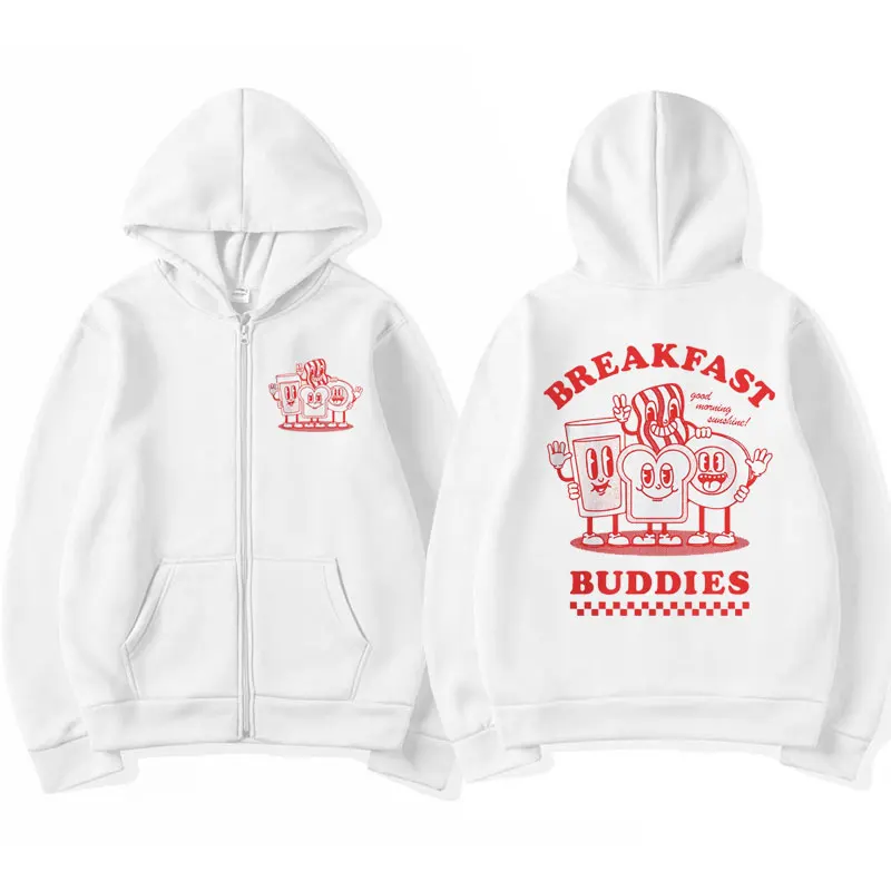 Funny Breakfast Buddies Graphic Zip-up Hoodie Men Women's Winter Fleece Zipper Jacket Sweatshirt Coat Couple Fashion Clothes