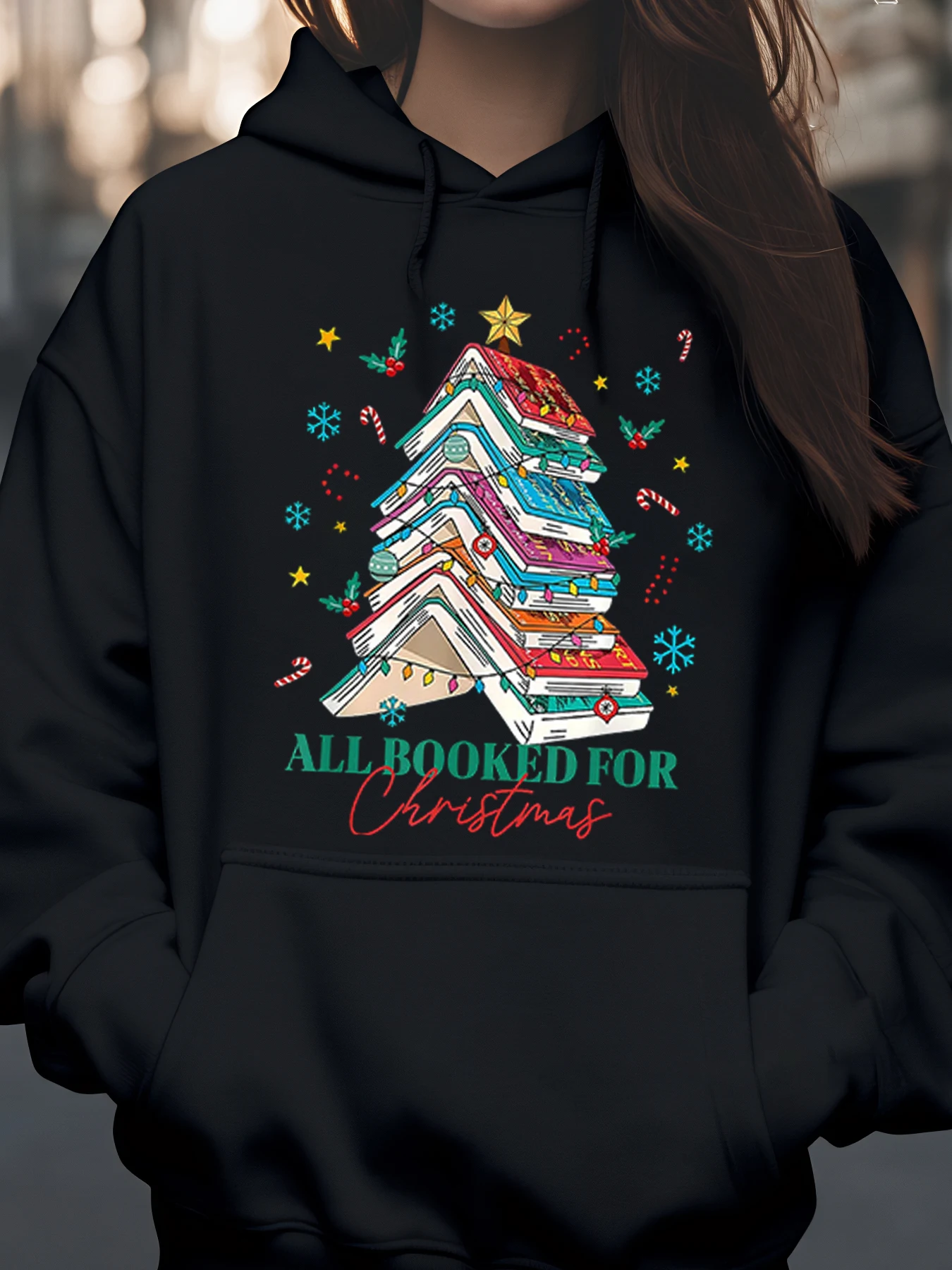 

Толстовка с принтом «Рождественская елка» в книжном стиле, праздничный подарок для любителей книг, женщин и девочек