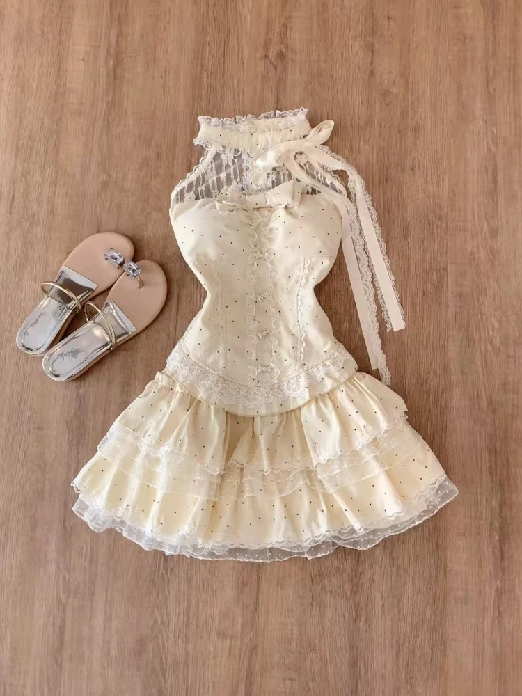 

Summer Sweet Polka Dot Slim 2-piece Set Design Fashion Bow Slash Neck Off Shoulder Suit Women France Harajuku Lace Short Skirt