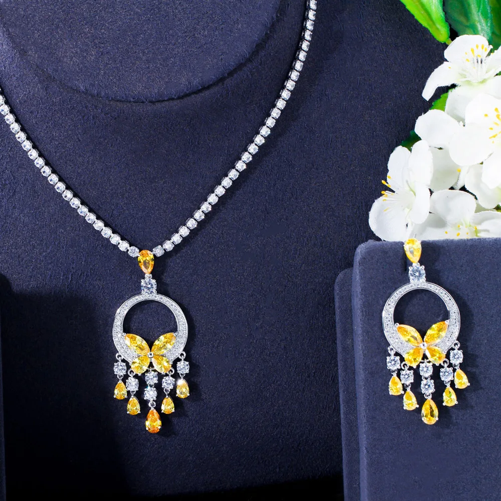 Pera Excellent Quality Green CZ Crystal Long Round Tassel Pendant Necklace and Earrings Sets for Women Prom Party Jewelry J515