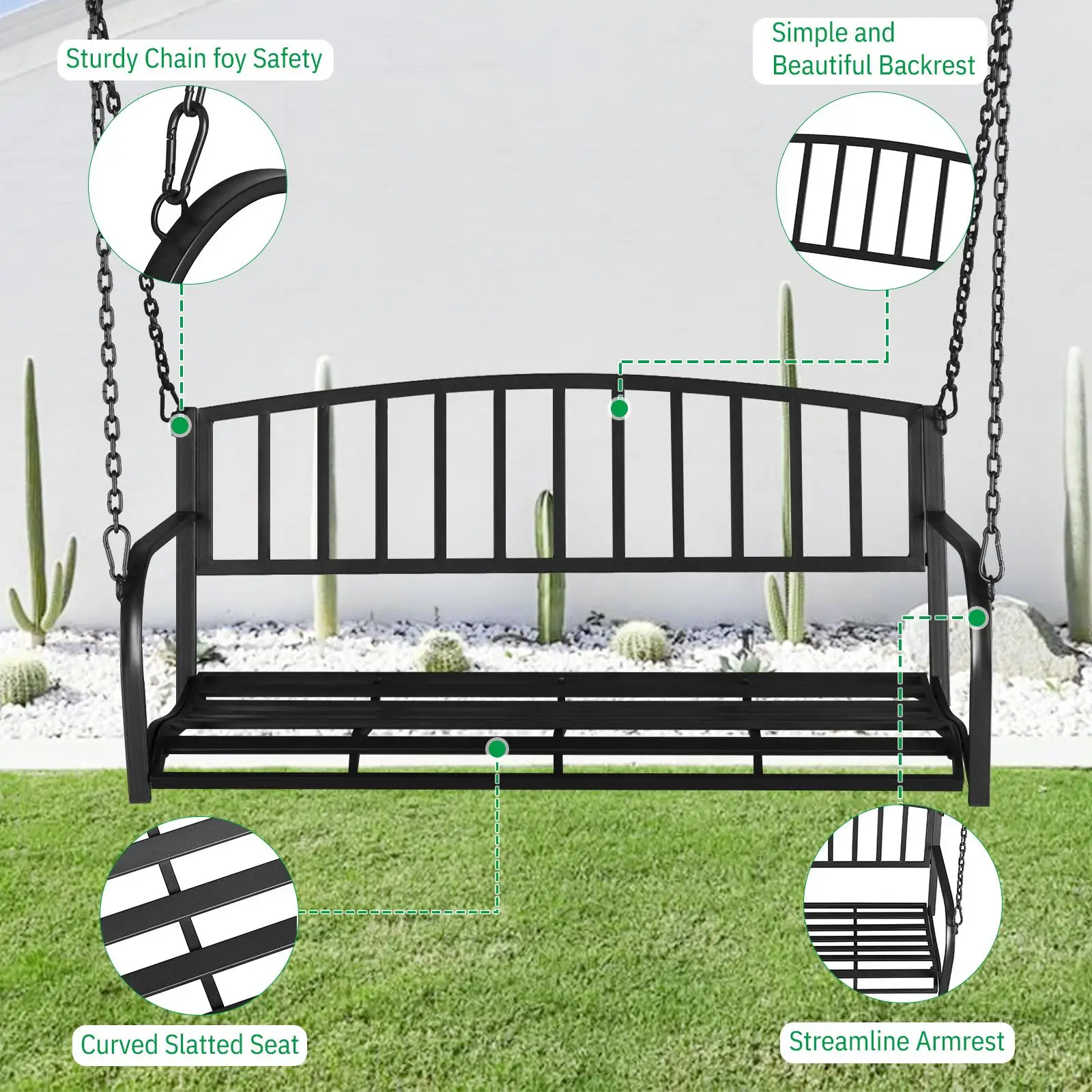 200kg Capacity Iron Art Swing with Vertical Bar Backrest - 118x46x47cm, Black - Chain Included (Frame Not Included)