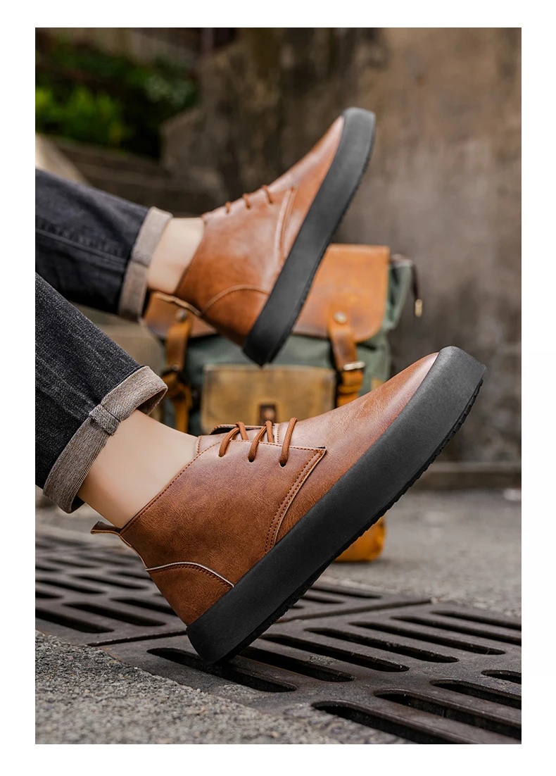 Herrenschuhe in großen Größen für Frühling und Herbst, trendige kurze Stiefel, Schuhe mit dicker Sohle, neue Herren-Lederschuhe mit mittelhohem Schaft und dicker Sohle, lässige und modische Herrenschuhe. – Detail 9