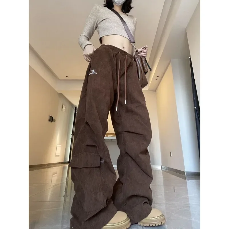 QWEEK Y2k Vintage Corduroy Cargo Pants Women Parachute Baggy Oversize Sweatpants Korean Fashion Sports Causal Trousers Aesthetic