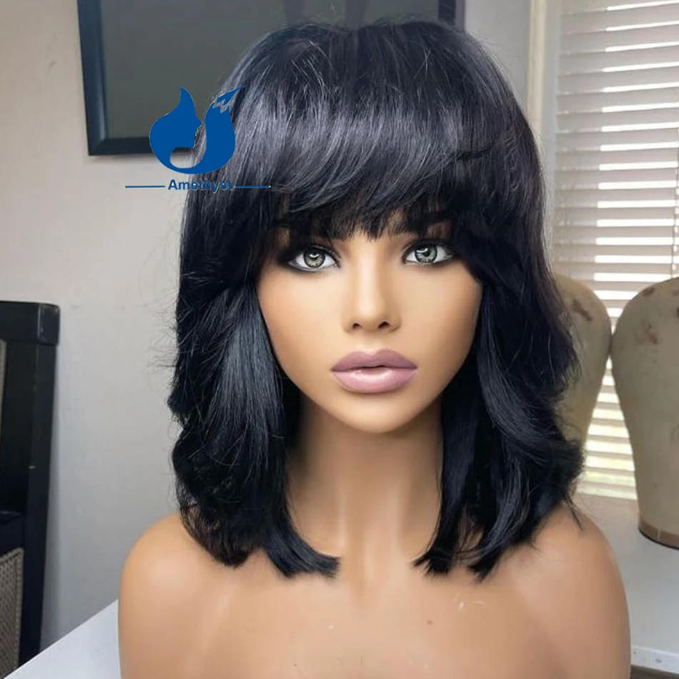 Amethyst Natural Black Layered Cut Human Hair Wig with Bangs Brazilian Remy Full Machine Made Scalp Top Wig Short Bob for women