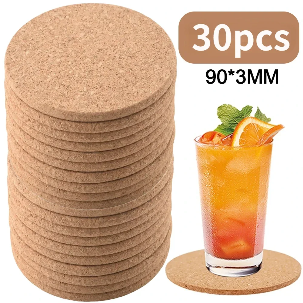 

30/1pcs Natural Cork Coasters Heat Insulation Round Shape Cup Mats Dia 9cm Wine Coffee Tea Table Pad Home Office Kitchen Tool