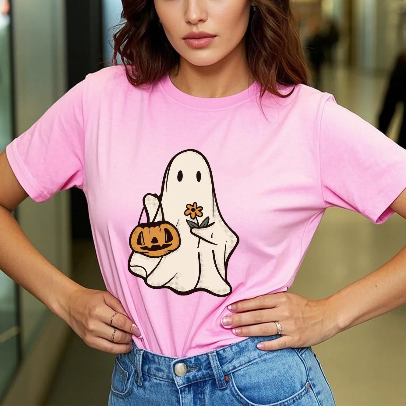 تي شيرت Halloween Retro BOO Four Seasons بأكمام قصيرة ومتعدد الوظائف كاجوال للمهرجانات النسائية