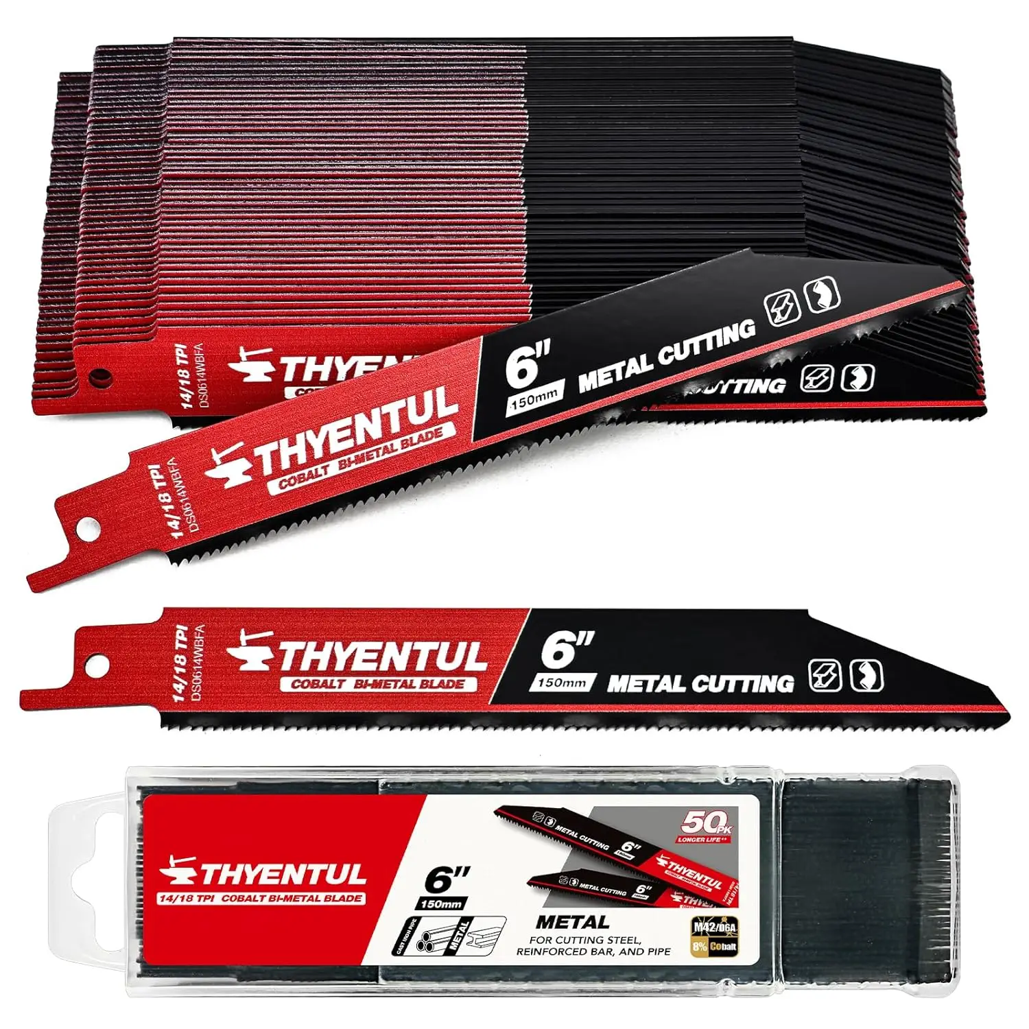 

50 Pack 6 Inch 14/18 TPI Reciprocating Saw Blades for Metal Cutting, M42 Cobalt Bi-Metal, Universal 1/2-Inch Shank