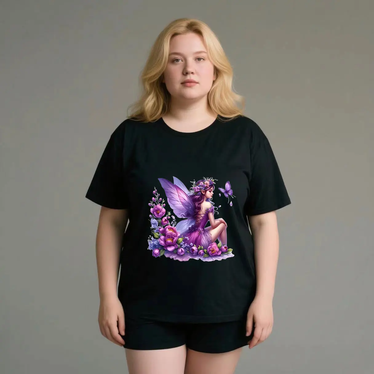 

Purple cartoon fairy print elegant and fashionable plus size Ladies' casual short sleeved T-shirt black