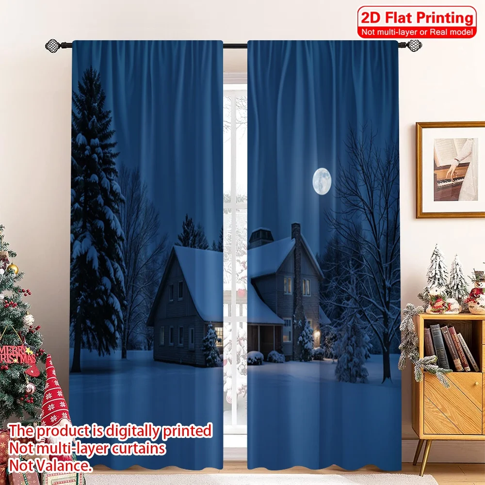 

2pcs 2D flat printing Merry Christmas Popular Window Curtains Winter Night Cozy House Fabric Without Electricity Family Party