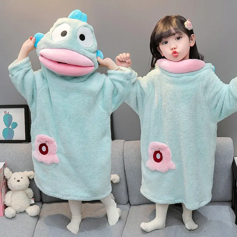 Kawaii Hangyodon Plush Siamese Pajamas Hooded Jumpsuit Pajamas Sanrioed Anime Cartoon Coral Velvet Homewear Thickened Nightgown