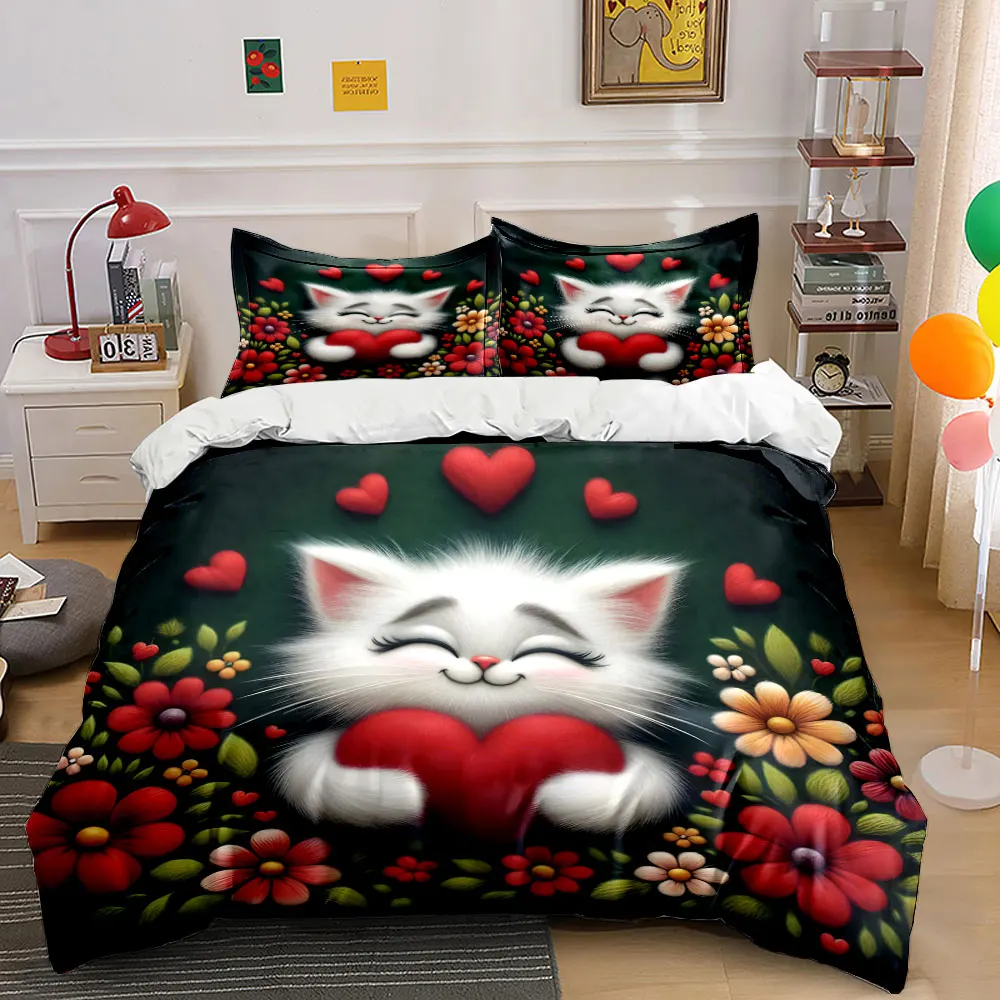 3D Fluffy White Cat Red Heart Floral Bedding Set,Cute Kitten Flower Valentine Warm Print Kids Bed Set 1 Duvet Cover 2 Pillowcase