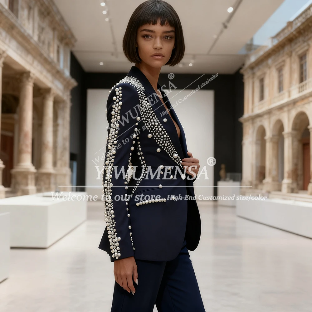 Luxury Pearls Beaded Bride's Mother Suit Attire Single Breasted Jacket With Wide Leg Pants 2 Piece Lady Party Suits Outfits 2026