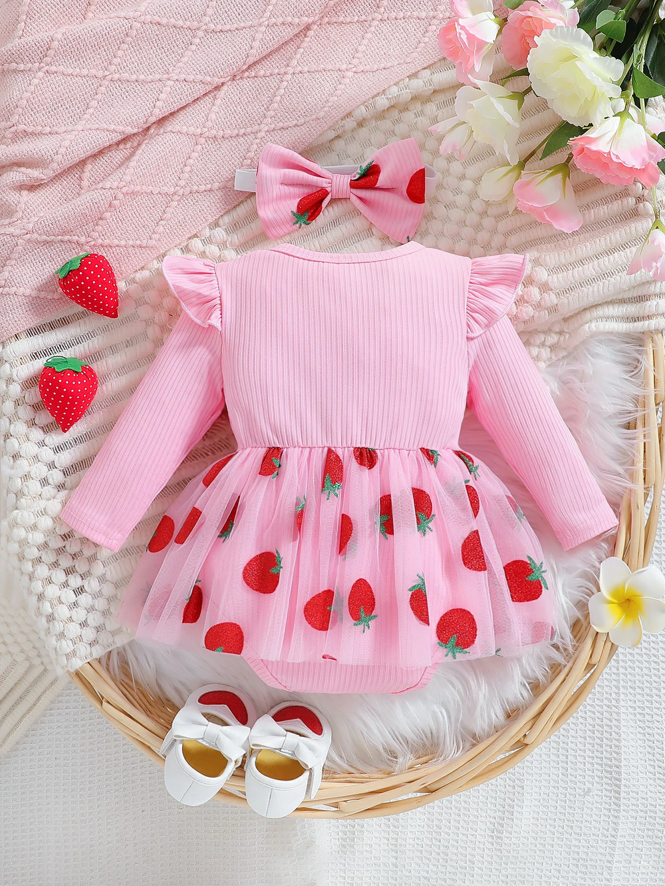 Baby girl autumn princess chiffon skirt strawberry print flying sleeves big bow design for birthday party wear