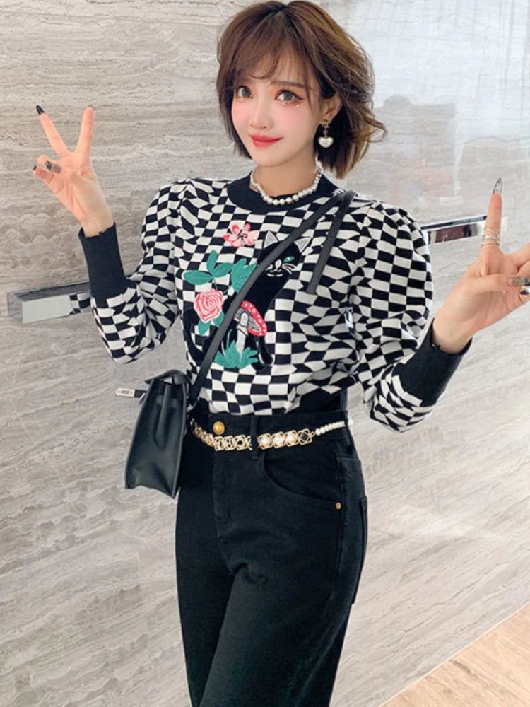 Korobov Autumn Winter New O Neck Puff Sleeve Women Pullovers Korean Kawaii Cartoon Hit Color Plaid Sweaters Streetwear Crop Top