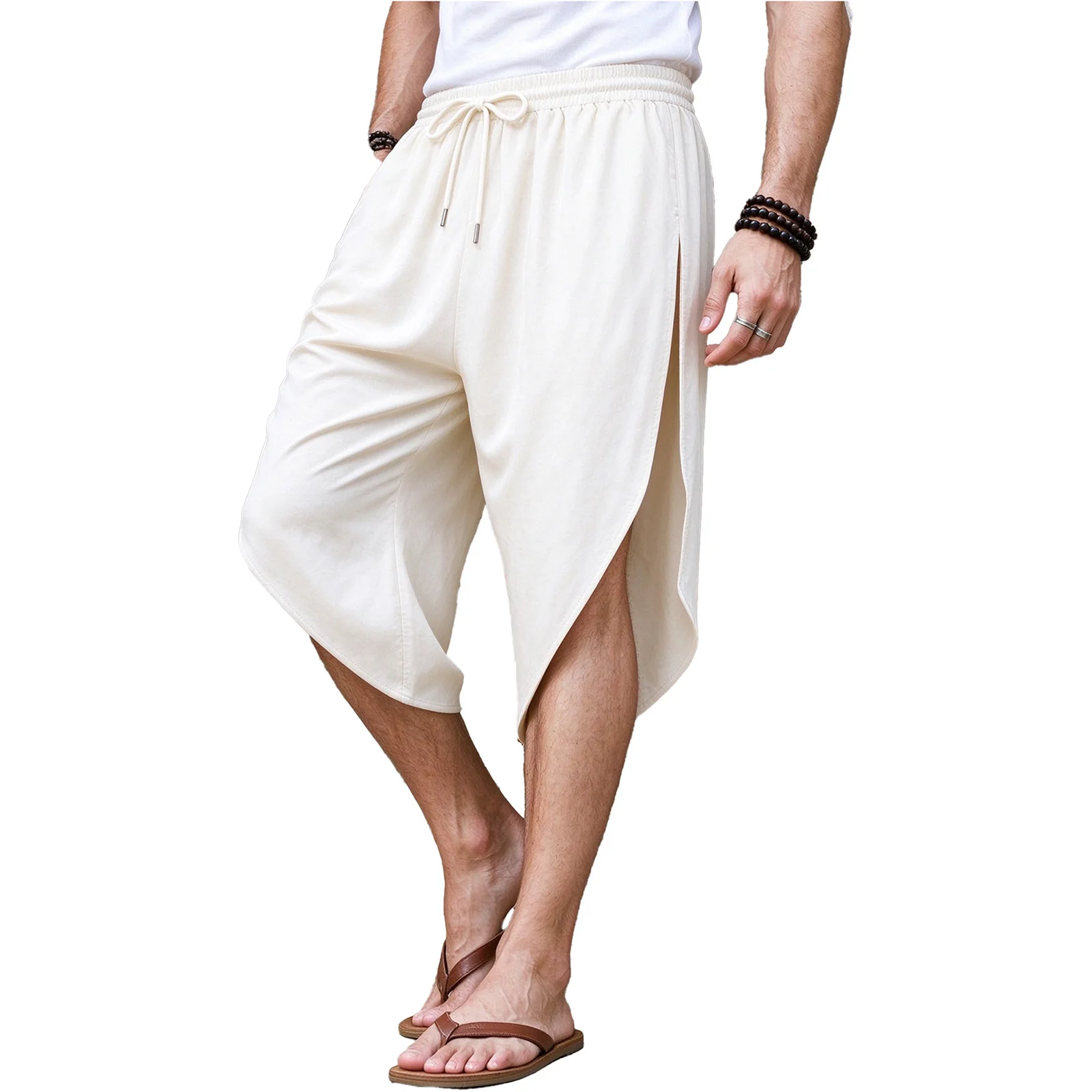 Men Asymmetrical Sides Split Shorts Drawstring Elastic Waistband Shorts Chinese Kung Fu Practice Trousers Japanese Samurai Pants
