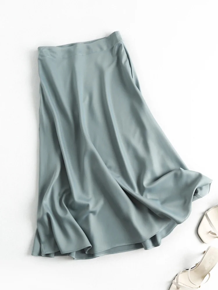 Summer Faldas Mujer Moda Midi Skirts Womens England Office Lady Satin High Waist Simple Elegant Long Skirt Women