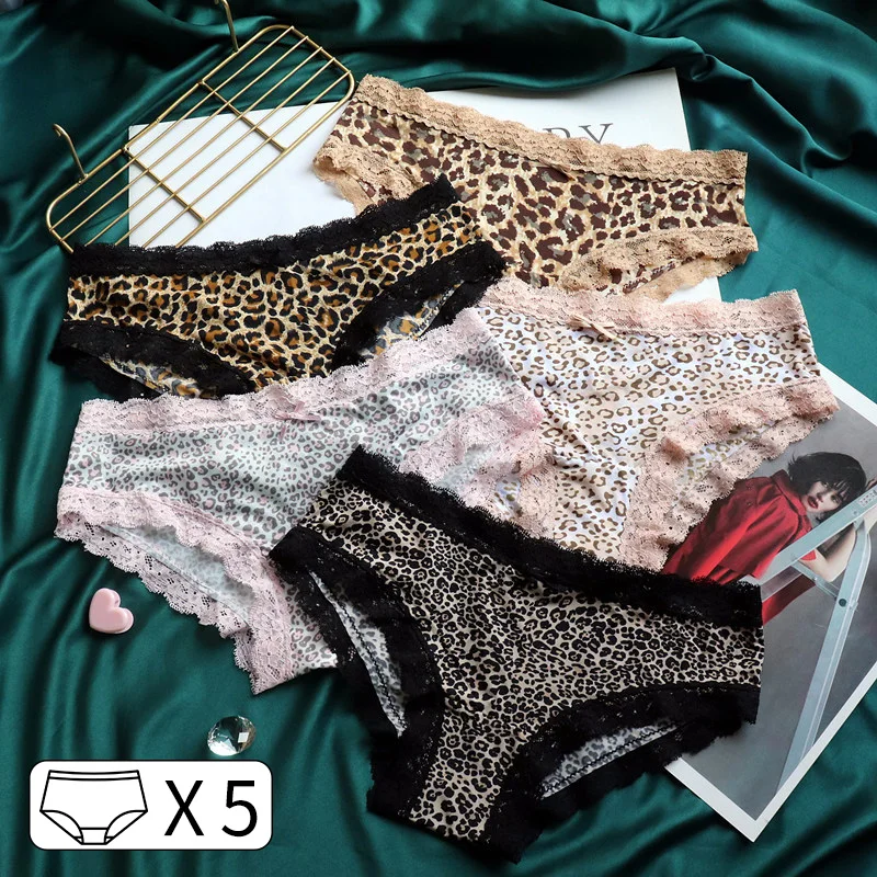 5Pcs Ice Silk Sexy Women Panties Briefs Girls Lace Leopard Underwear Seamless Thong Fitness Underpants Lingerie Intimates