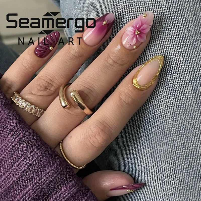

24PCS Purple Gradient French Artificial False Nails 3D Carved Flowers Shell Almond Fake Nails with Golden Pattern Nails Press On