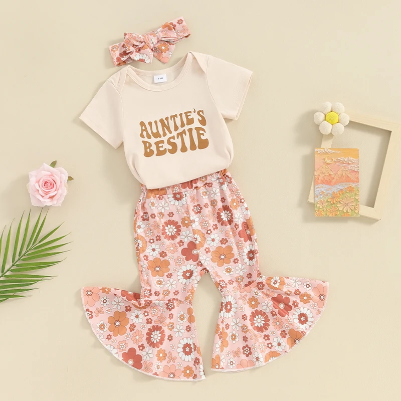 

Aunties Bestie Baby Clothes Girl Baby Girl Aunt Saying Letter Romper Shirt Floral Flare Pants Headband 3Pcs Outfit