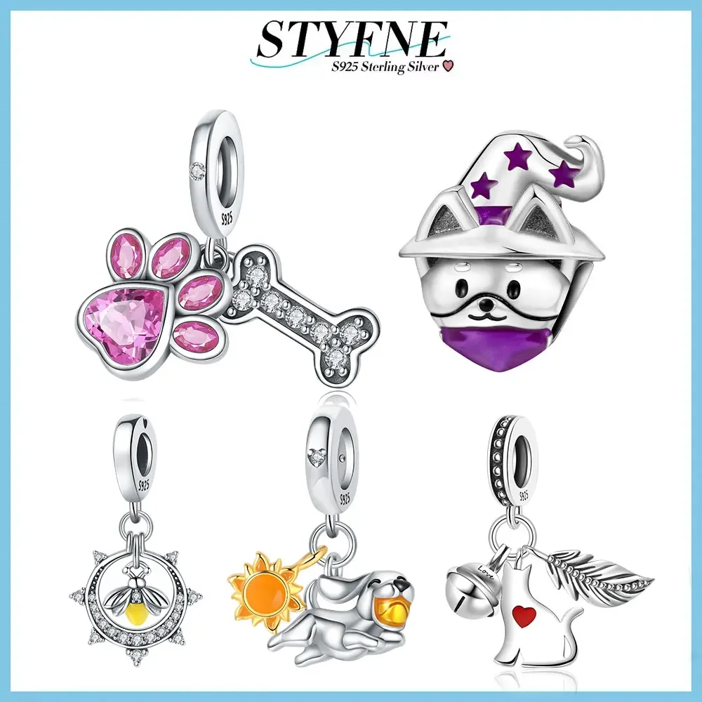 Sterling Silver 925 Cute Kitten Feather Bell Funny Cat Stick Beaded Charm Fit Original Bracelet Diy Fine Jewelry Gift