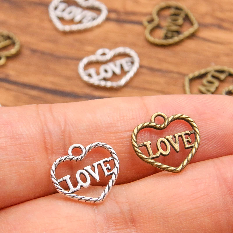 50PCS 13X14mm 2 Color Wholesale Metal Alloy Hollow Heart Charms Letter LOVE Pendant For Jewelry Making DIY Handmade Craft