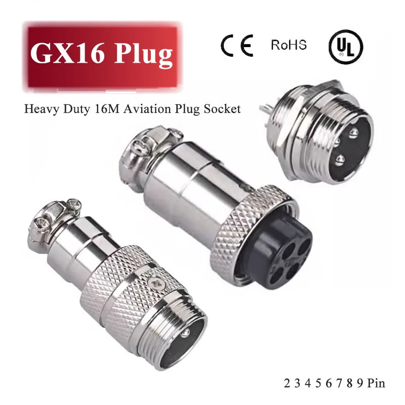 Heavy Duty GX16 Panel Plug Socket 16M Aviation Plug Sockets 2 3 4 5 6 7 8 9 Pin Male Female Soldering Connector CE UL Certified