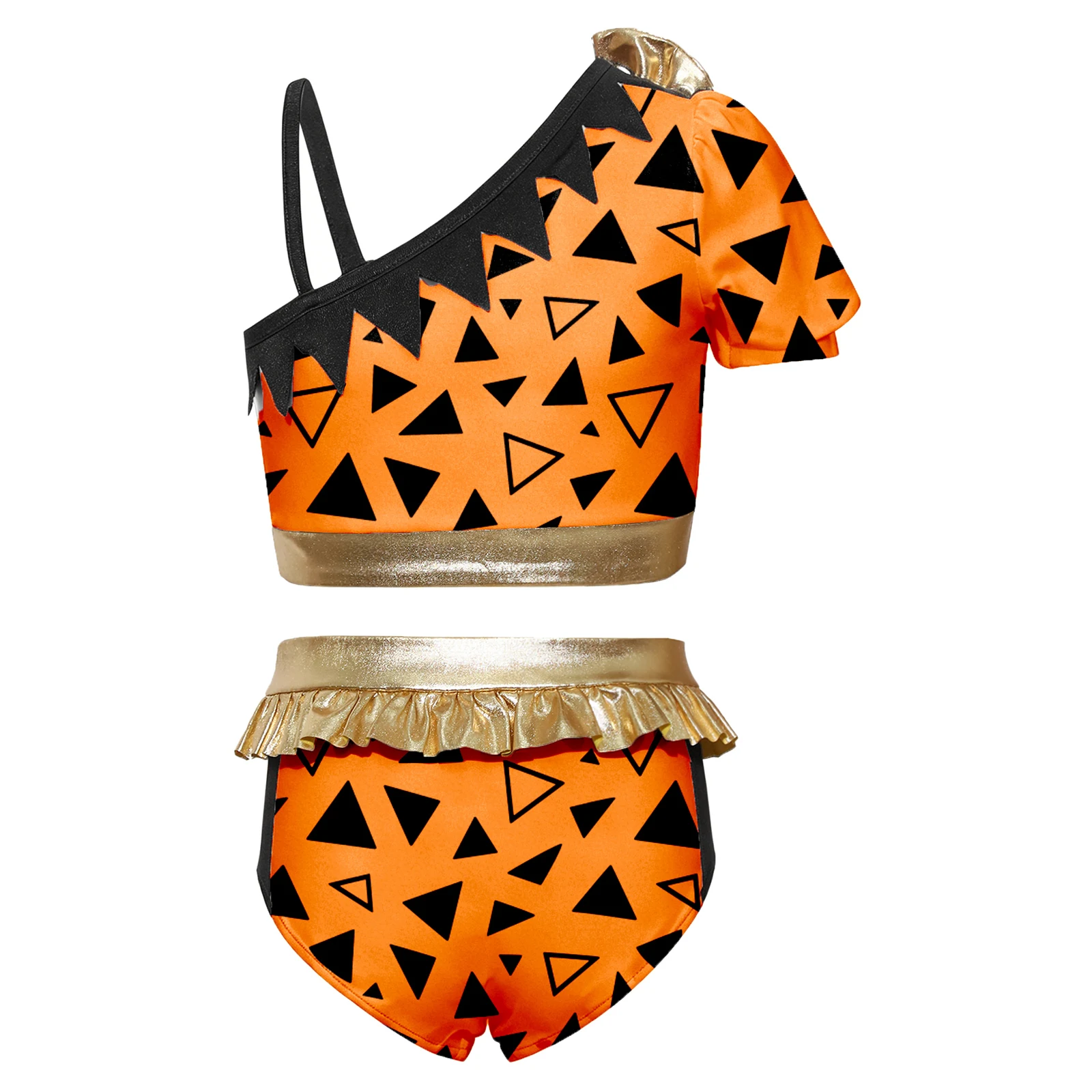 Cavegirl Stone Age Prehistoric Cave Print Costumes Kids Girls Leopard Print Metallic Gloss Crop Top with Briefs Performance set