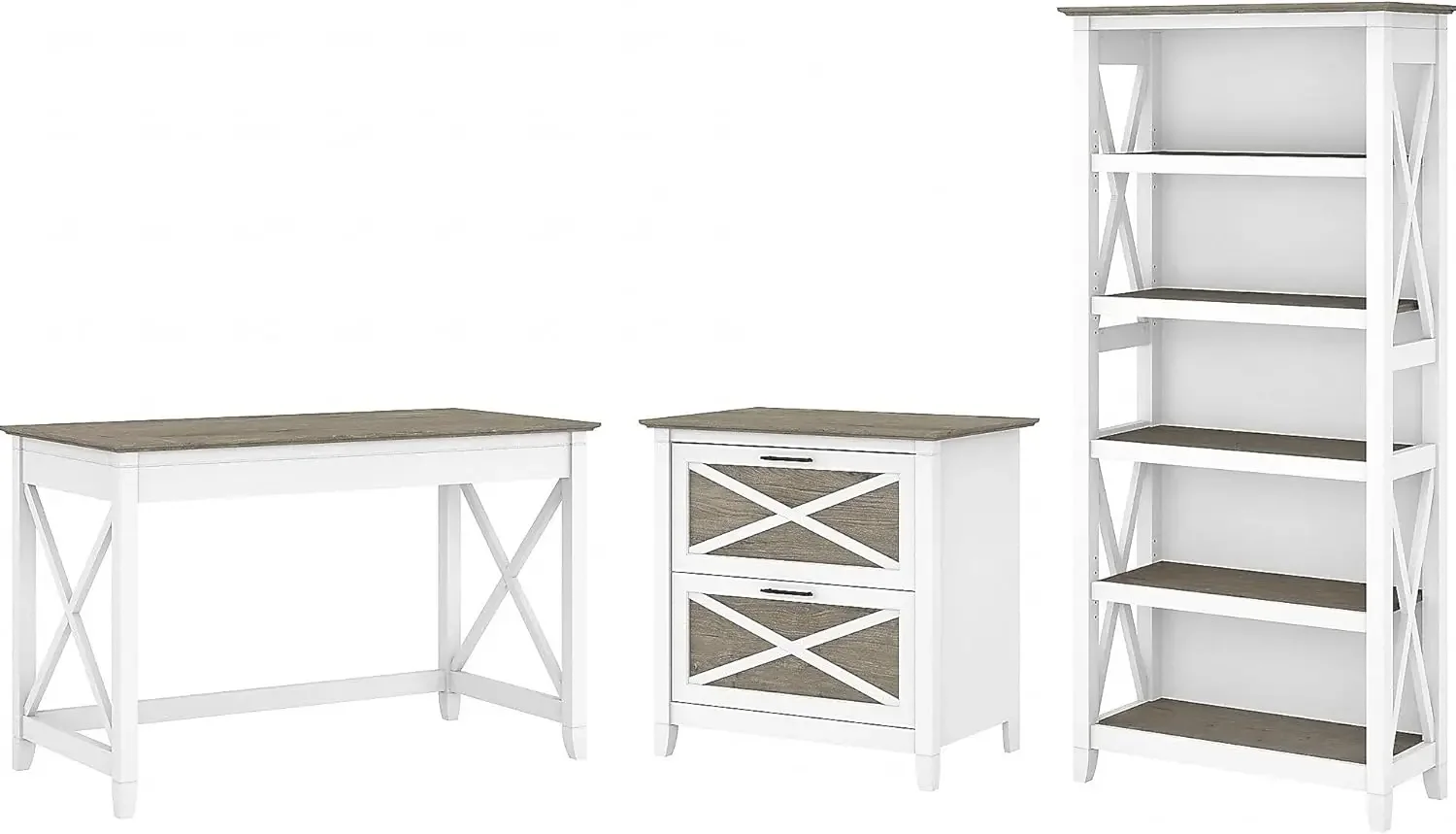 Bush Furniture Key West 48W Writing Desk with 2 Drawer Lateral File Cabinet and 5 Shelf Bookcase in Pure White and Shiplap Gray