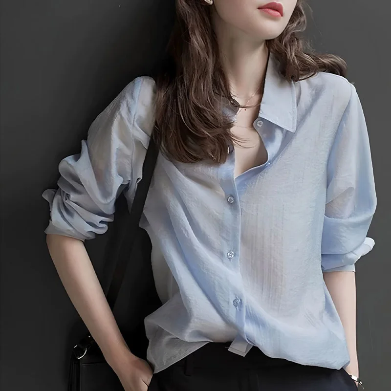 Primavera outono elegante blusa feminina fina 2025 novo azul manga longa único breasted coreano casual solto senhora do escritório camisa feminina