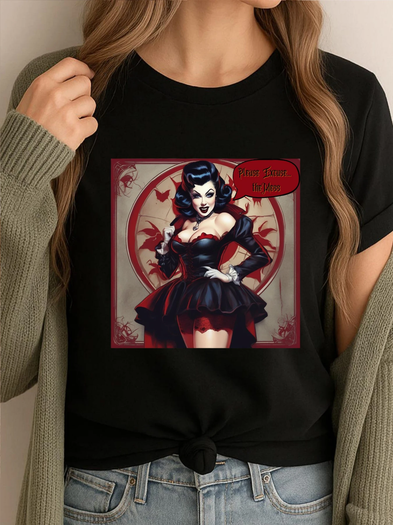 

Pinup Vampire Funny T Shirts Women Short Sleeve T-Shirt Vintage Tees Mens Classic Printed Clothes Punk Style