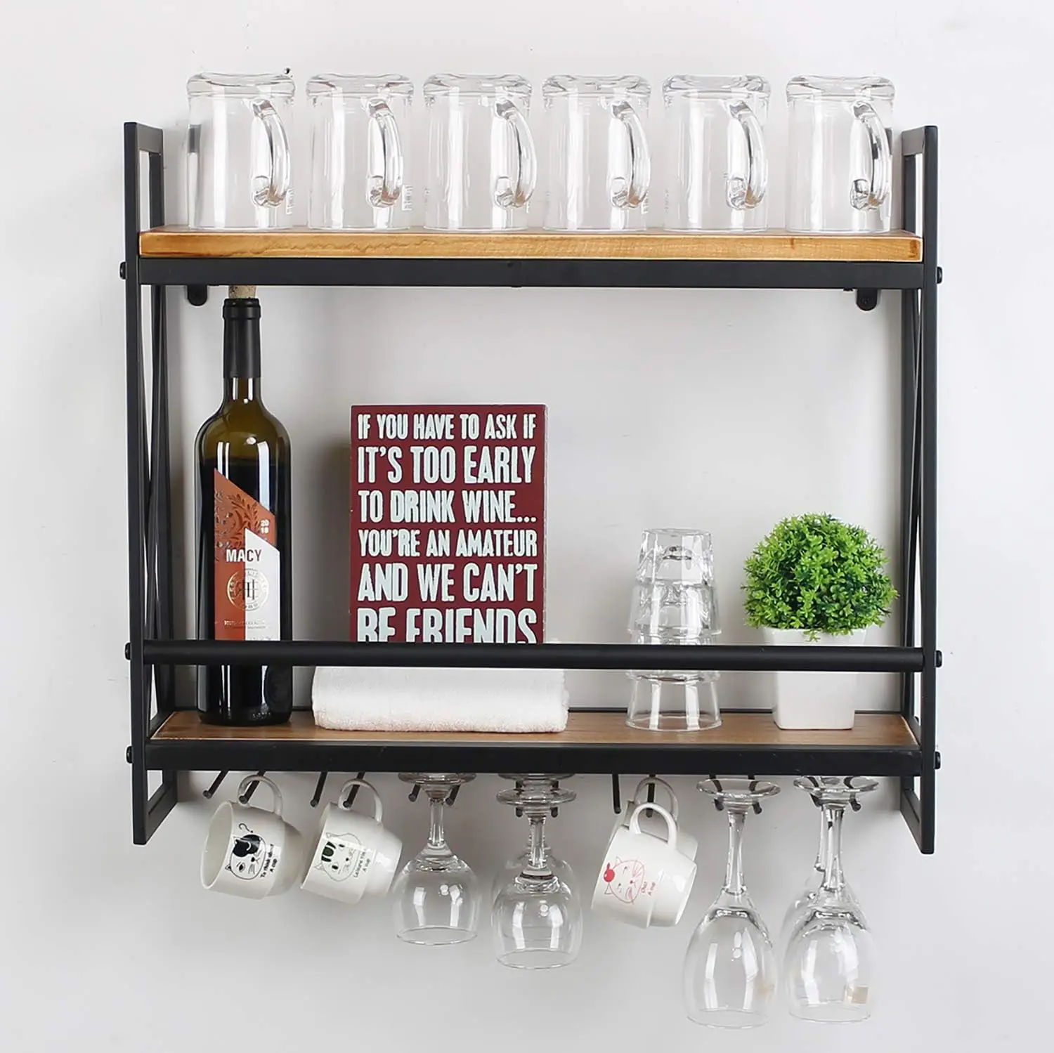 

Rustic Wall Mounted Wine Racks with 6 Stem Glass Holder,23.6in Industrial Metal Hanging Wine Rack,2-Tiers Wood Shelf Floati
